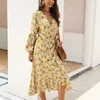 Women Spring Summer Dresses 2020 New Fashion Floral Printed Bohemian Beach Dress Holiday Sexy V-Neck Lantern Long Sleeve Casual Long Dress