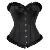 Czarny FRILL Ruffle Trim Corset Kobiety Burlesque Fashion Overbad Gorset Z Satynami Bows Sexy Lace Up Plastic Boned Body Shaper