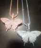 Iced Out Pink Animal Butterfly Halsband Hängsmycke med Tennis Chain Pink Cubic Zircon Mäns Kvinnor Hip Hop Smycken