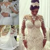 Pescoço Vestidos de noiva de alta Sereia Meninas Bainha mangas compridas noiva vestidos de noiva Lace apliques Praia Bainha Coluna Personalizar Feito Plus Size