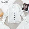 Simplee V-hals Vrouwen Blouse Shirt Puff Sleeve Button White Blouse Herfst Winter Lady Shirt Top Vrouwelijke Office Chiffon Blouse Topsmx190827