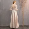 Vestidos de dama de honor de satén de encaje con mangas largas 2019 Vestido de invitado de boda elegante Vestidos de fiesta con cordones