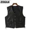 Motorcykel Vest Läder Mäns Svart Waistcoat Male Biker Punk Genuine Läder Knapp Lace Up Höst ärmlös jacka för män