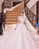 Abiti da sposa collo alto in pizzo fiore 3D perle uniche Maniche lunghe Giardino Sweep Train Plus Size Abito da sposa Vestido De Noiva
