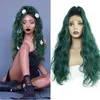 Lace Front Wigs Dark Roots Ombre Green Two Tone Color Long Loose Curly Wavy Wig Heat Resistant Synthetic Hair Glueless Natural Hairline