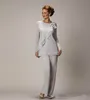 Elegant Plus Size Silver Mother's Pants Suit For Mother of The Bride Groom Chiffon Wedding Party Dress236C