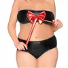 Set di lingerie lucida da donna in ecopelle taglie forti. Reggiseno senza spalline con fiocco rosso grande con mutandine a vita bassa Set bikini sexy Summber