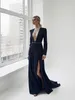 Modest Navy Blue HIgh Neck Split Side Prom Dresses 2020 Crystal Beaded Backless Evening Gowns Plus Size Reception Dress