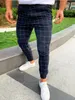 Горячие мужские спортивные брюки длинный клетчатый коссуит ​​скинни упругих подходит тренировка пробежки вскользь спортивные штаны мужские повседневные брюки m-3xl