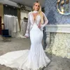 Abito da sposa sexy a sirena collo alto maniche lunghe abiti da sposa in pizzo con applicazioni increspato Sweep Train Custom Made Vestidos De Novia vendita calda