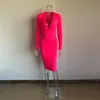 KGFIGU 2019 vestito da autunno delle donne profondo scollo a V aderente Neon rosa abiti Sexy manica lunga al ginocchio abiti da festa clubwear