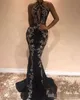 2019 Seksi Siyah Sequins Mermaid Gelinlik Modelleri Dantel Aplike Backless Sequins Uzun Örgün Durum Giyim Akşam Parti Törenlerinde Custom Made