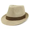 Vår sommar kvinna män mode brittisk stil bomull linne jazz hatt band inredning kort brim fedoras gangster cap beach sunhat