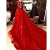 Árabe 2020 Dark Red Luxurious Vestidos Lace frisada Sereia Prom Vestidos destacável Train Tulle Formal Wears