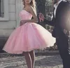 Baby Pink 2020 Graduation Dresses Puffy Ball Gown Lace Beading Girls Party Homecoming Dress Plus Size Sopa Up Mini Length Tutu Ski236G
