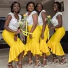 2020 Seksowna Afrykańska Koronkowa Aplikacja Druhna Dresses V Neck Mermaid Hi Lo Drapped Sleeveless Maid of Honor Dress Plus Size Party Dress