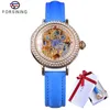 Fashioning Fashion Blue Lady Diamond Gold Bloem Beweging Transparant Small Lady Women Mechanisch Skelet Horloge Topmerk Luxury6250328