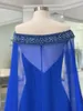 Miss Mrs Lady Pageant Dress 2020 Royal Blue Velvet Elegant Red Carpet Couture Gowns with Chiffon Cape Bead-work Shoulder Off the Shoulder