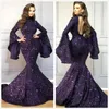 Dubaj Arabski Wysokiej szyi Cekiny Syrenki Suknie Wieczorowe Długie Rękawy Backless Długość podłogi Formalna Sukienka Evening Wear Party Suknia Szata