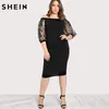 2019 Schwarz Plus Size Party Sommerkleid die Schulter Bleistiftkleid bestickt Mesh Ärmel große Größen Sexy