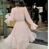 rugod新しい光沢のある女性ドレススパンペラン透明な透明なラインメッシュパッチワークエレガントなソリッドサマードレス韓国スタイルの着物T200106
