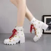 2019classic Embroidery increase high Woman's Leather shoes Lace up Ribbon belt buckle ankle boot factory direct female rough heel women boot