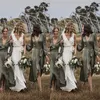 Dark Hunter Green Boho Bruidsmeisjes Jurken met Lange Mouw 2019 V-hals Hoge Lage Platteland Junior Bruiloft Jurk Goedkoop