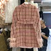 Runway Women's Coats Tweed Jacket Patchwork Feathers Diamonds Plaid Turtleneck Cloak Sleeve High Waist Embellished Clothes