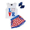 Baby-Baseball-Bekleidungssets für Kinder, ärmellos, mit Monogramm-Shorts mit LOVE-Brief-Aufdruck, Hemdhose für den Unabhängigkeitstag, 3 Teil/Set BY0991