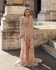 2020 arabe Aso Ebi Champagne robes De soirée manches longues dentelle perlée côté fente Robe De soirée Sexy robes De bal