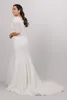 2020 Elegant plus storlek spets blygsamma bröllopsklänningar med halv ärmar Juvelknappar Tillbaka Enkelt blygsam Stor Storlek Bröllopsklänningar Beaded Waist