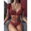 Blanc à pois Bikini ensemble 2020 manches courtes bouffantes maillot de bain femmes taille haute maillots de bain été Vintage Orange baigneurs maillot de bain