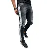 Rippade randiga jeans för män sträcker smal passform skinny denim byxor hip hop stil byxor