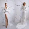 Sexy Eva Lendel Brautkleider mit V-Ausschnitt und langen Ärmeln, seitlicher Schlitz, Spitze, Satin, Brautkleider, Sweep-Zug, A-Linie, Brautkleid