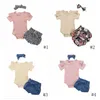 Baby Clothes Girls Solid Rompers Bowknot Denim Shorts Headband Clothing Sets Kids Jumpsuit Floral Printed Shorts Hairband Suits PY614