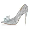 Bridal Rhinestone Bröllop Single Shoes Sexig Crystal Silver Pekad Toe Stiletto Heel Lady Bankettpumpar 5cm 7cm 9cm