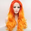 Hightemperature fibra perruque vermelho ombre laranja perucas longas corporal onda cabelo sintético lace peruca dianteira para mulheres traje