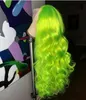 Naturlig lång kroppsvågdel äppelgrön peruk Högdensitet Glueless syntetiska spetsfront peruker för Women Party Makeup Cosplay9834690