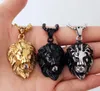 Mens Gold Silver Color 316L Stainless Steel Lion Head Pendant Necklace Rhinestone Inlaid with Link Chain GB1267