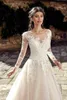 Cheap Champagne A Line Wedding Dresses Long Sleeves Lace Appliques Scoop Neck Sweep Train Arabic Simple Wedding Bridal Gowns With Buttons