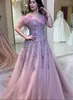 2020 Árabe Aso Ebi Blush Pink Beaded 3D Apliques florales Vestidos de noche Pluma A-line Vestidos de baile Sexy Fiesta formal Segundos vestidos ZJ322