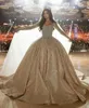 Klänning Champagne Ball Dresses Beading Long Sleeves Brudklänningar Spetsar Appliced ​​Plus Size Wedding Dress S