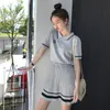 Fashion Women Summer Sports Thin Knitted 2pcs Pleated Colorblock Mini Skirt Polo Collar Short Sleeve Stripes T-Shirt T200616