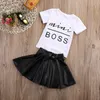 2 Styles Baby girls outfits summer cotton Boutique children Clothing Sets kids Boss letter T-shirt+PU skirt 2pcs/set H001