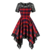 Rosetic mujeres vestidos góticos vintage rojo a cuadros de encaje asimétrico cremallera Dark Patchwork Goth mujer elegante fiesta Retro vestido