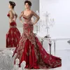red Saudi Arabia Evening Dresses Mermaid Appliques Elegant Evening Dress Long Sleeves Sheer Neck Beaded Formal Prom Party Gowns 2019