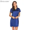 Wholesale-Ekouaer Summer Nightgown Women Night Dress V-Neck Short Sleeve Above Knee Belted Satin Elegant Sleepwear Female Nightwear