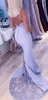 Cheap Lavender Lace Appliqued Mermaid Prom Dresses Spaghetti Straps Satin Sheath Evening Dresses Long Formal Party Bridesmaid Dress