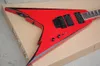 Chitarra elettrica rossa a forma di V personalizzata di fabbrica con striscia nera, ponte Floyd Rose, collo con rilegatura bianca, personalizzabile