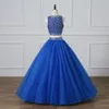 2019 Yeni Üç Adet Kraliyet Mavi Kristal Balo Quinceanera Elbiseler Boncuk Tatlı 16 Elbiseler Debutante 15 Yıl Resmi Parti Elbise BQ147